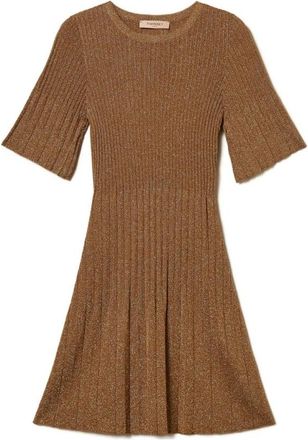 Twinset Geribbelde A-lijn Gebreide Jurk - Dames - Kleedjes - Bruin - S - Kleedjes