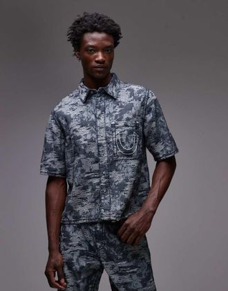 True Religion Super T - Camicia oversize blu jacquard in coordinato