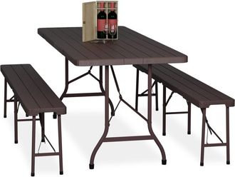 Relaxdays 3-Piece Folding Garden Furniture Set, Beer Benches with Large Table, for Marquees and Tents, Wood Look, Black - Relaxdays