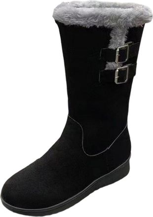 Generic Black Ladies Mid-Tube Boots with Thick Sole and Plus Velvet Thickened Design for Fall and Winter Wear Side Zipper for Easy On Comfortable and Warm