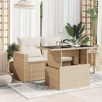Berkfield Home Garden Table with Glass Top Beige 100x55x73 cm Poly Rattan | Size: 100 x 55 x 73 cm