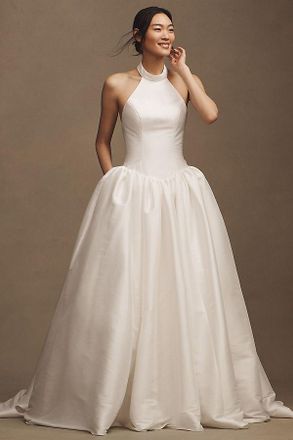 Jenny Yoo Blake Taffeta Basque-Waist Halter Wedding Gown