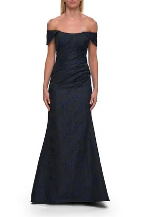 La Femme Off-the-Shoulder Jacquard Evening Gown in Navy at Nordstrom, Size 18
