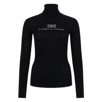Elisabetta Franchi Truien & Vesten, Dames, Zwart, L, Wol, Logo-Patch High-Neck Sweater