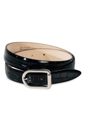 D&eacute;hanche Mija Croc-Embossed Leather Belt in Black Croco/Gold at Nordstrom, Size X-Small