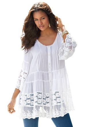Roaman's Lace Illusion Blouse in White at Nordstrom, Size 12