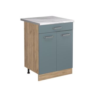 Vicco Mueble Bajo De Cocina R-line, Gris Azulado/roble Dorado, 60 Cm Con Caj&oacute;n Encimera M&aacute;rmol, Vicco