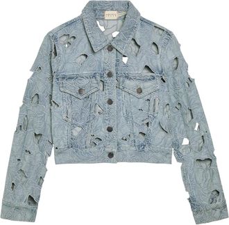 Alice & Olivia Chloe Embroidered Cut-out Denim Cropped Jacket - Blue - XL (UK16 / XL)