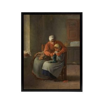 Artery8 Jean Francois Millet The Knitting Framed Canvas Wall Art Print in Brown | Size: W24 x H32