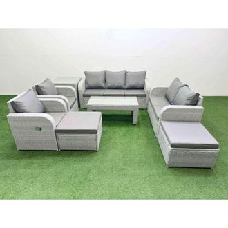 Fimous Pe Rattan Garden Furniture Set Adjustable Chair Sofa Double Love Seat 2 Seater Sofa Lounge Set Rectangular Coffee Table 2 Big Footstool 2 Side Table