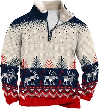 Generic Mens 1/4 Zip Sweatshirt Christmas Sweaters for Men Outdoor Casual Standing Collar Long Sleeve Sweatshirt Xmas Tree Reindeer Snowflakes Santa Printed W