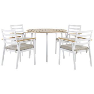 Beliani Conjunto De Jard&iacute;n 4 Plazas Mesa De Metal Aluminio Blanco Madera Clara Sillas Cojines De Asiento Beige Exterior Cavoli