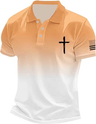 Generic Christian Polo Shirts for Men Casual Active Performance Golf Shirt Cross Print Short Sleeve Breathable Collared Tee Tops (Orange,M)
