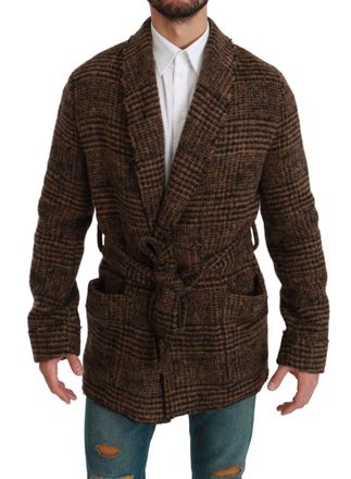 Dolce & Gabbana Mens Brown Check Wool Coat Long Sleeves - Size EU 46 (Mens)