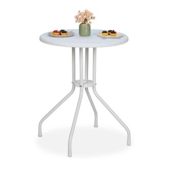 Relaxdays Tavolino da Giardino Rotondo, HxD 73 x 60 cm, Aspetto Rattan, Tavolo in Plastica e Acciaio, da Esterno, Bianco - Relaxdays