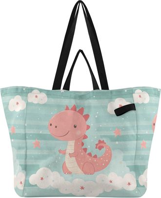 Generic Dinosaur Cloud Stars Teal print Reusable Canvas Tote Bag, Heavy Duty Grocery Shopping Bag with Double Handles Hard Bottom Large Capacity Work Grocerie