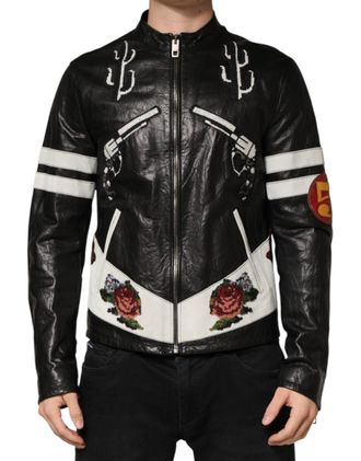 Dolce & Gabbana Black Guns N Roses Fullzip Men Biker Jacket Lambskin Calfskin Clothing