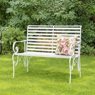 Melody Maison White Metal Ornate Distressed Garden Bench - 100cm X 92cm | Size: 100 cm X 92 cm