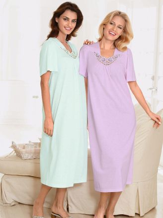 Ascafa Nachthemd ASCAFA Langarm-Nachthemden, Damen, Gr. 36/38, Kurz, bunt (flieder, mint), 100% Baumwolle, unifarben, Kleider Nachthemd