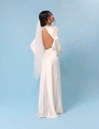Nobody's Child Bridal Ivory Satin Open Back Long Sleeve Isadora Maxi Dress