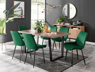 Furniturebox Kylo Large Brown Wood Effect Dining Table & 6 Pesaro Velvet Black Leg Chairs in Green
