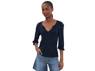 Liverpool L.A. Petite Elbow Sleeve Notch Knit T-Shirts Womens Clothing Dark Navy : PXL, Viscose