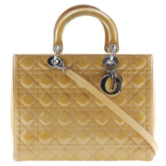 Dior Lady Dior Cannage Quilt Metallic Leather Black Patent_Leather Handbag (Pre-Owned)