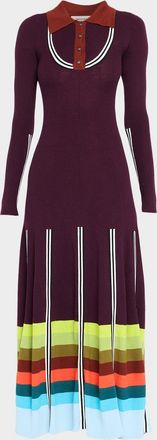 Christopher John Rogers Striped Rib Long-Sleeve Maxi Polo Dress