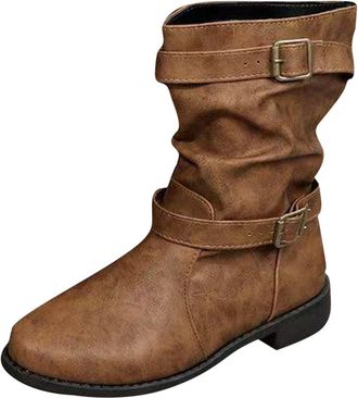 Generic Ankle Boots Wide Fit Women Mid-Calf Cowboy Cowgirl Boots with Low Chunky Heel Pull On Buckle Ladies Pixie Slouch Boot Fashion Western Shoes