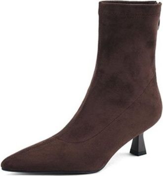 Generic Womens Suede Ankle Boots Pointed Toe Slim Stiletto Heels Side Zipper Stretch Knit Upper Soft Lining Cushioned Insole Durable Non-Slip Outsole,Brown,3.