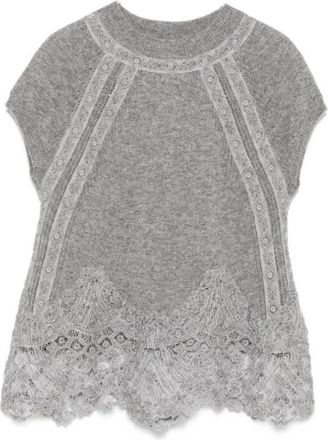 Ermanno Scervino Gebreide top met kanten afwerking - Dames - Cashmere truien - Grijs - M - Katoen - Truien & Vesten