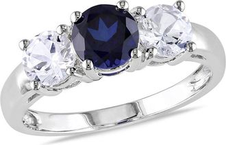 Amour Created White and Created Blue Sapphire 3-sTone Engagement Ring In 10K White Gold