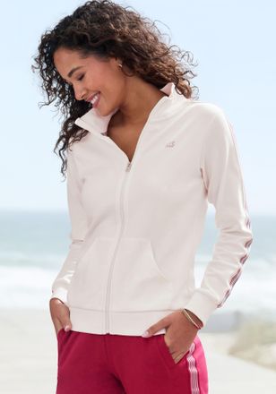 H.I.S Sweatjacke H.I.S, Damen, Gr. 40/42, beige (ecru), Interlock, Obermaterial: 60% Baumwolle, 40% Polyester, unifarben, Basic, bequem h&uuml;ftbedeckend, ohne 