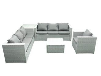 Fimous Wicker PE Rattan Sofa Garden Furniture Set with Armchair Square Coffee Table Side Table Light Grey Mixed
