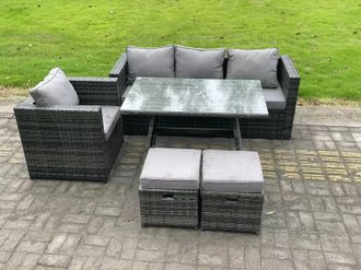 Fimous PE Rattan Outdoor Furniture Garden Dining Set with Oblong Dining Table Armchair 2 Small Footstools Dark Grey
