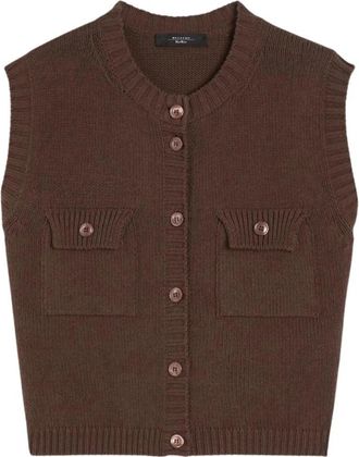 Max Mara Katoenen Gebreid Vest met Moeder-van-Parel Knopen - Dames - Vesten - Bruin - L - Katoen - Truien & Vesten