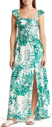 Boho Me Smocked Off-the-Shoulder Maxi Swim Cover-Up in Green Tropical at Nordstrom Rack, Size X-Large