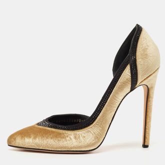 Gina Gold Paisley Print Velvet Crystals Embellished Dorsay Pumps