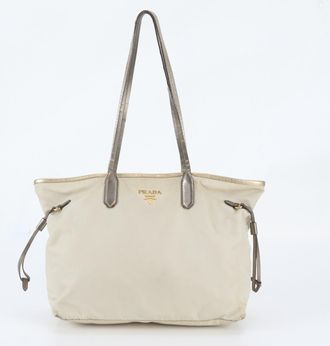 Prada Beige Leather Nylon Handbag Shoulder Bag Tote Bag (Pre-Owned)