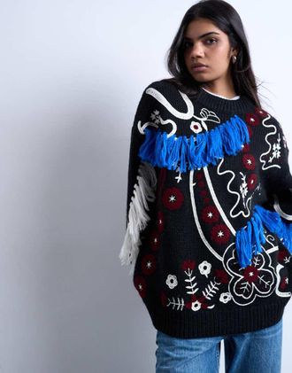 Topshop Maglione premium oversize ricamato nero