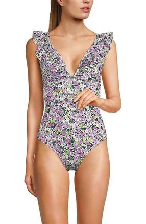 Lands End Pique Ruffle One Piece Swimsuit in White Multi Ditsy Floral at Nordstrom, Size 10P