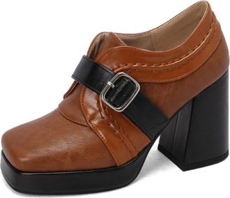 Generic Womens Platform Ankle Booties Square Toe High Chunky Heel Two Tone Design Buckle Strap Cushioned Insole Comfortable Non Slip Vintage Dress Shoes,Brown