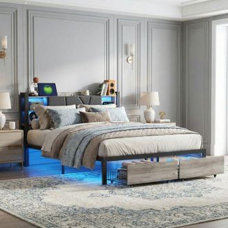OEM Cama 140x190 - Pocketpop - Somier De Lamas Incluido - 2 Cajones Y Led/usb - Recubrimiento De Pu Negro