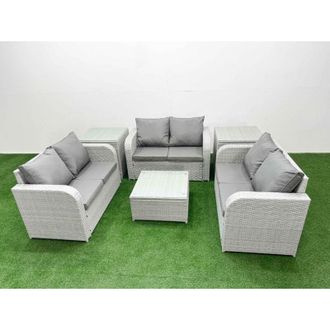 Fimous 6 Seater pe Wicker Rattan Furniture Sofa Sets with Square Coffee Table 2 Seater Love Sofa 2 Side Table Light Grey - Fimous