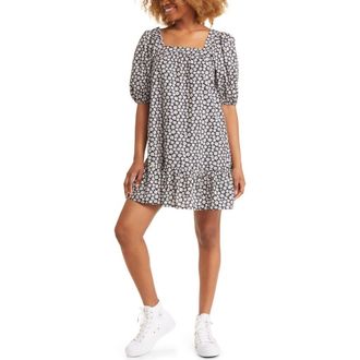 Billabong Flirty Mood Floral Puff Sleeve Cotton Dress in Black at Nordstrom, Size Large