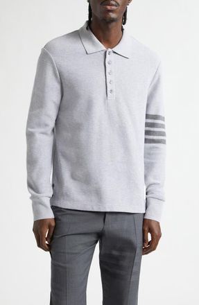 Thom Browne 4-Bar Long Sleeve Cotton Piqu&eacute; Polo in Pale Grey at Nordstrom, Size 5