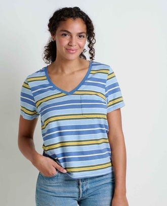 Toad & Co Womens Grom V-Neck Short Sleeve Shirt in Weathered Blue Stripe at Nordstrom, Size X-Small