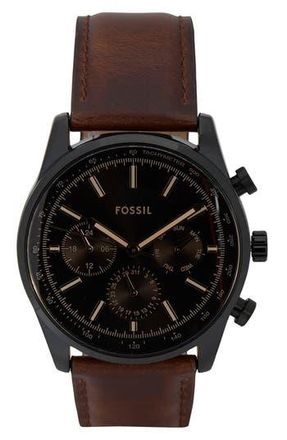 Fossil Sullivan Multifunction Leather Strap Watch, 44mm in Black/Brown at Nordstrom Rack