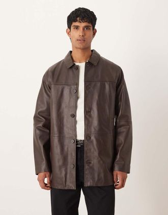 Asos Camicia giacca in pelle marrone taglio medio