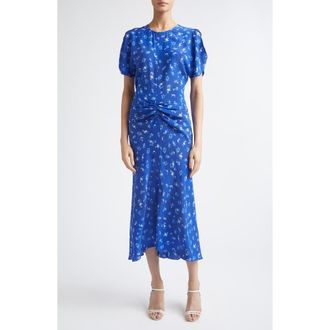 Victoria Beckham Bela Floral Ruched Silk Midi Dress in Cyanotype Flower Indigo at Nordstrom, Size 2 Us